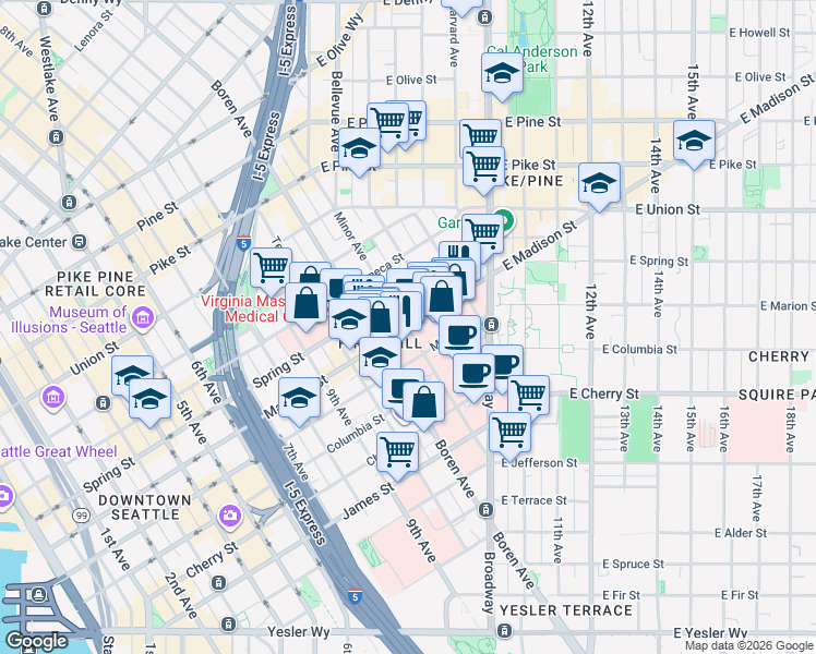 map of restaurants, bars, coffee shops, grocery stores, and more near 1205 Madison Street in Seattle