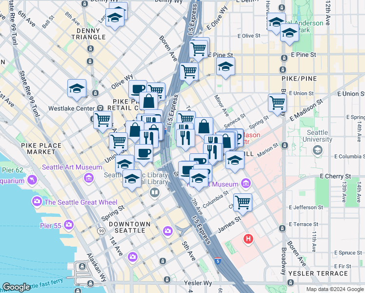 map of restaurants, bars, coffee shops, grocery stores, and more near in Seattle