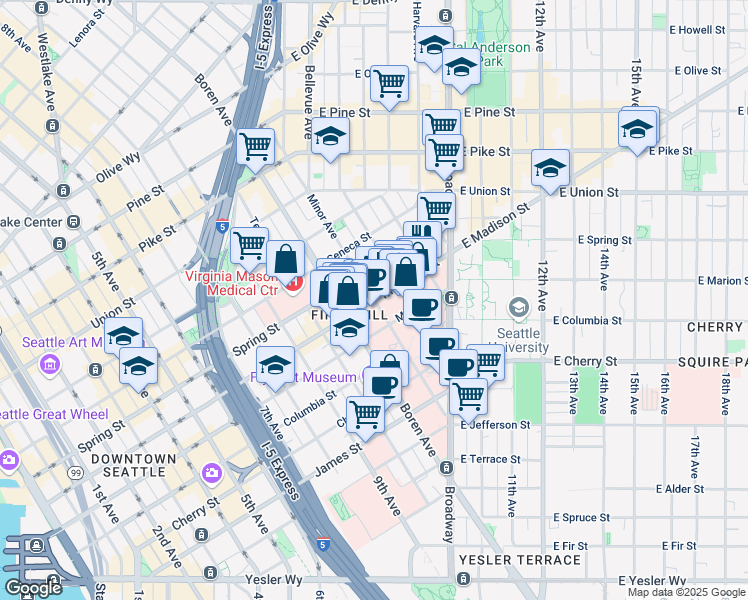 map of restaurants, bars, coffee shops, grocery stores, and more near 1001 Minor Avenue in Seattle