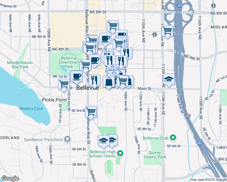 map of restaurants, bars, coffee shops, grocery stores, and more near 10701 Main Street in Bellevue