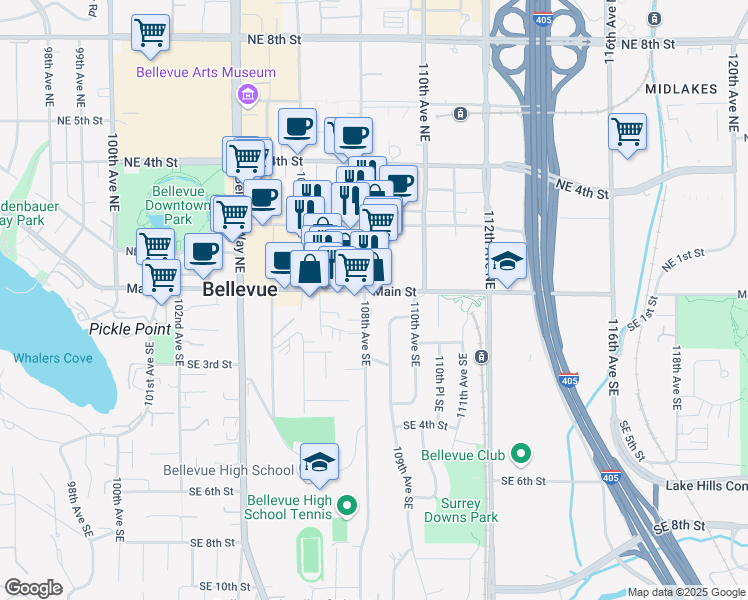 map of restaurants, bars, coffee shops, grocery stores, and more near 10801 Main Street in Bellevue