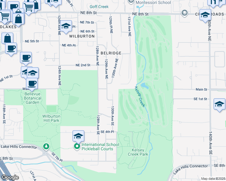 map of restaurants, bars, coffee shops, grocery stores, and more near 6 130th Avenue Southeast in Bellevue