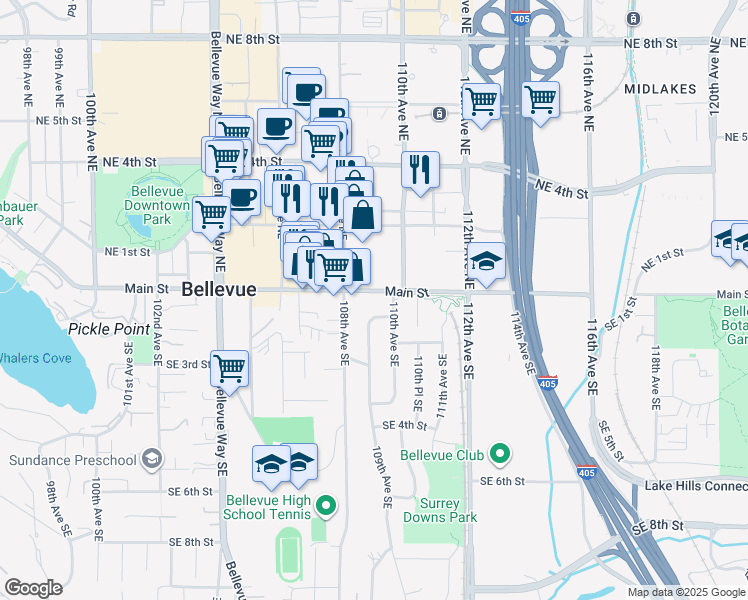 map of restaurants, bars, coffee shops, grocery stores, and more near 10833 Main Street in Bellevue
