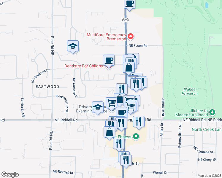 map of restaurants, bars, coffee shops, grocery stores, and more near 5169 Northeast Mariah Lane in Bremerton