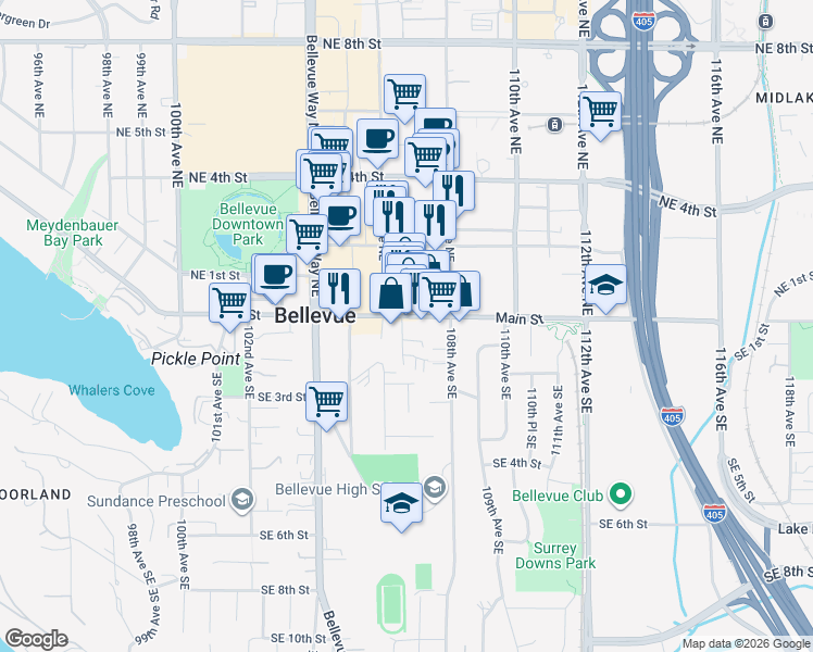 map of restaurants, bars, coffee shops, grocery stores, and more near 10713 Main Street in Bellevue