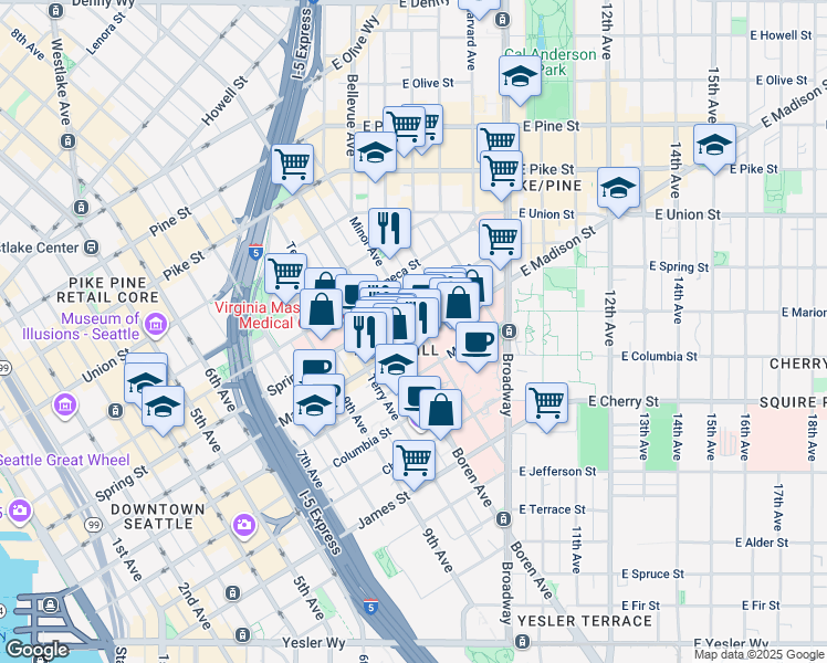 map of restaurants, bars, coffee shops, grocery stores, and more near 1001 Minor Avenue in Seattle