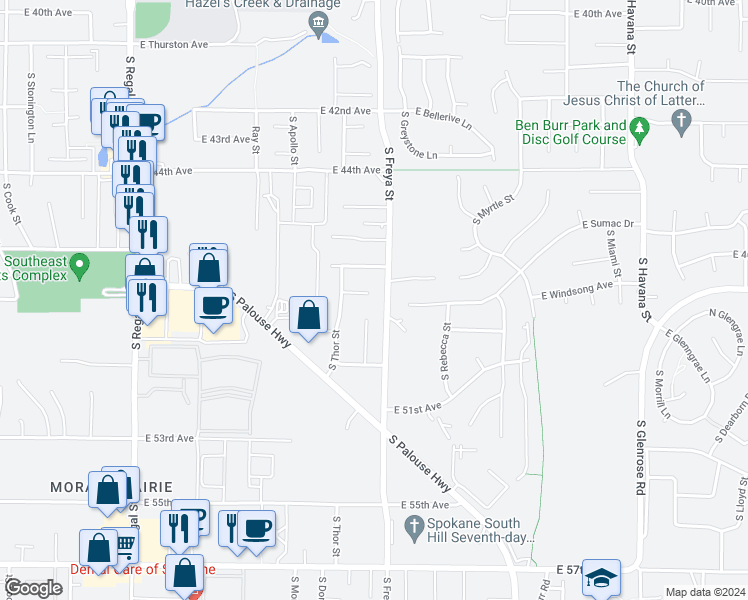 map of restaurants, bars, coffee shops, grocery stores, and more near 3506 East 48th Court in Spokane