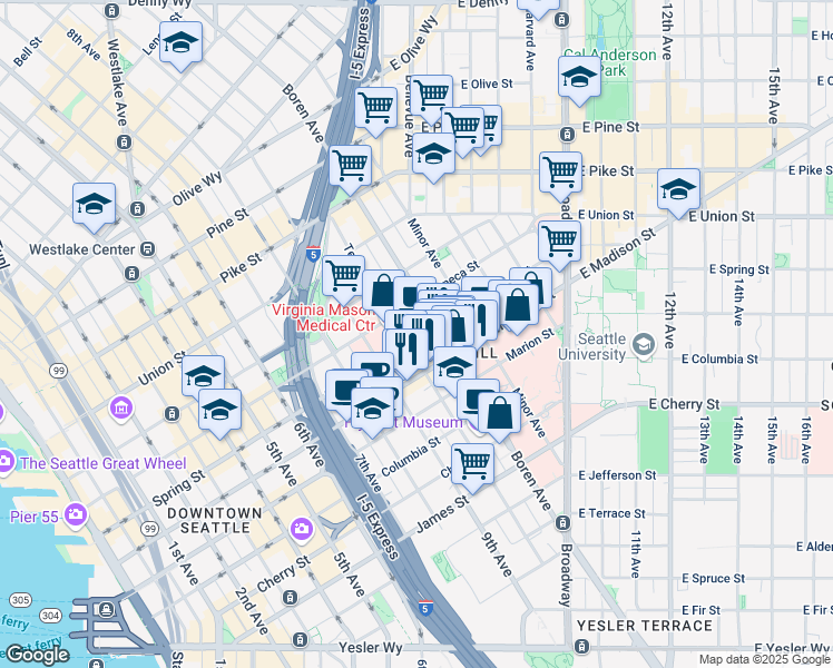 map of restaurants, bars, coffee shops, grocery stores, and more near 1006 Spring Street in Seattle