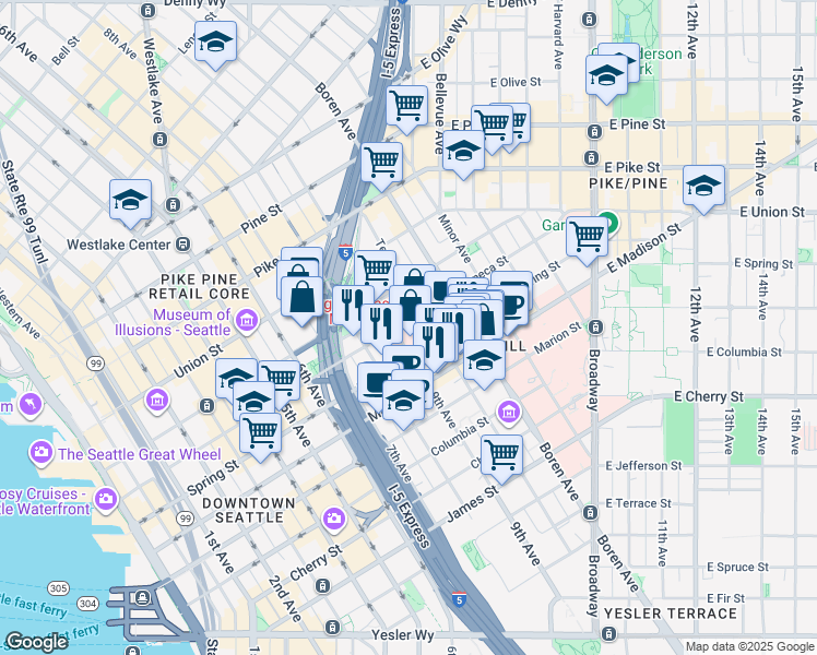 map of restaurants, bars, coffee shops, grocery stores, and more near 911 Seneca Street in Seattle