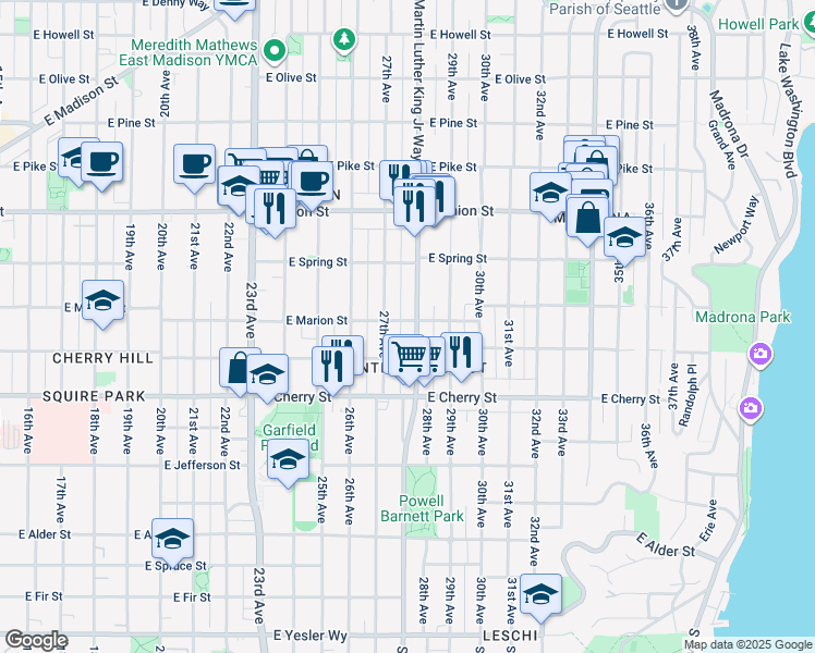 map of restaurants, bars, coffee shops, grocery stores, and more near 2717 East Marion Street in Seattle