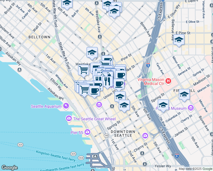 map of restaurants, bars, coffee shops, grocery stores, and more near 400 Pike Street in Seattle