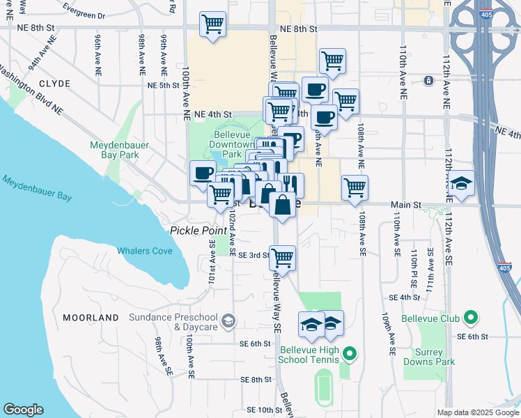 map of restaurants, bars, coffee shops, grocery stores, and more near 10333 Main Street in Bellevue