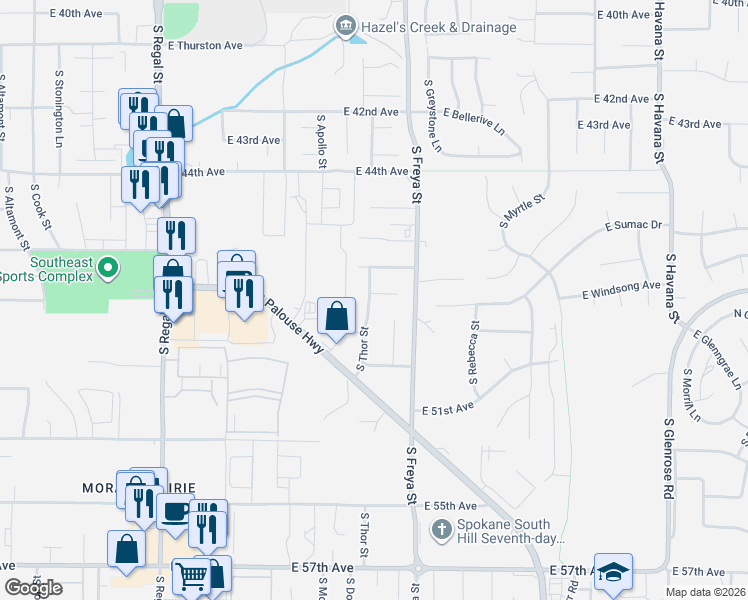 map of restaurants, bars, coffee shops, grocery stores, and more near 4804 South Thor Street in Spokane