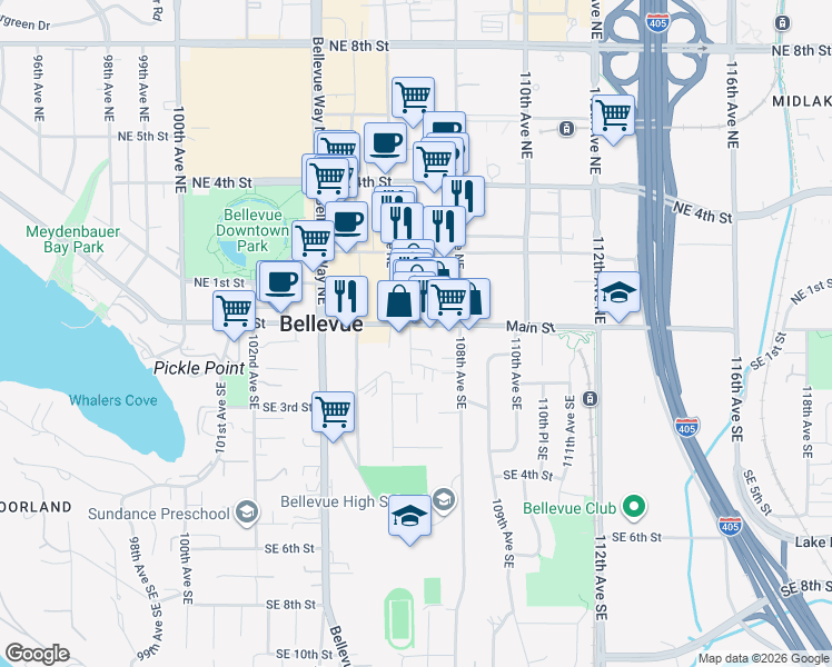 map of restaurants, bars, coffee shops, grocery stores, and more near 10713 Main Street in Bellevue