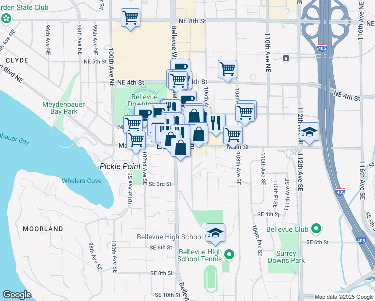 map of restaurants, bars, coffee shops, grocery stores, and more near in Bellevue