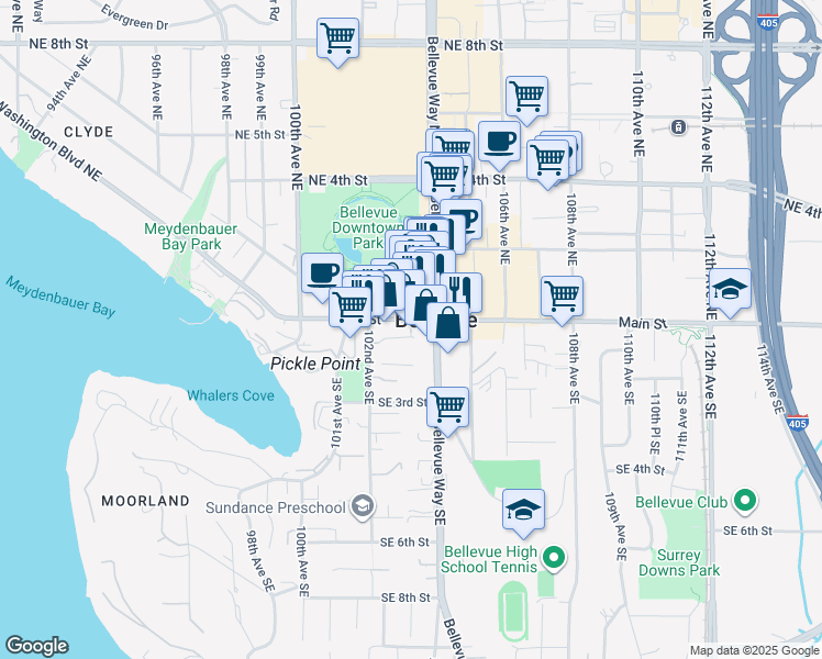 map of restaurants, bars, coffee shops, grocery stores, and more near in Bellevue