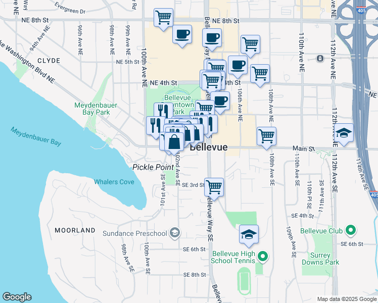 map of restaurants, bars, coffee shops, grocery stores, and more near 10237 Main Street in Bellevue