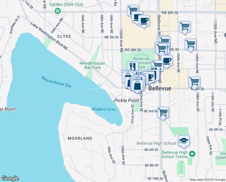map of restaurants, bars, coffee shops, grocery stores, and more near 9951 Lake Washington Boulevard Northeast in Bellevue