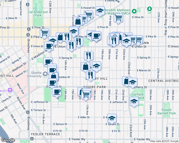 map of restaurants, bars, coffee shops, grocery stores, and more near 824 17th Avenue in Seattle