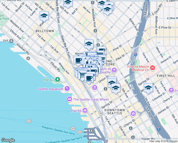 map of restaurants, bars, coffee shops, grocery stores, and more near 1513 3rd Avenue in Seattle