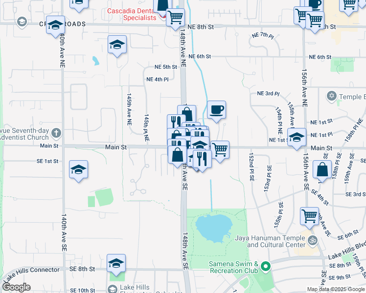 map of restaurants, bars, coffee shops, grocery stores, and more near 148th Ave NE & Main St in Bellevue