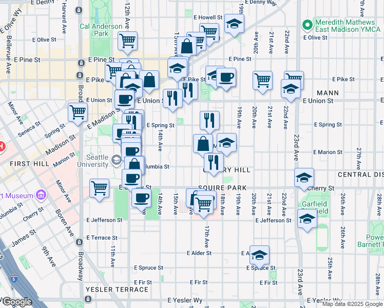 map of restaurants, bars, coffee shops, grocery stores, and more near 16th Avenue in Seattle