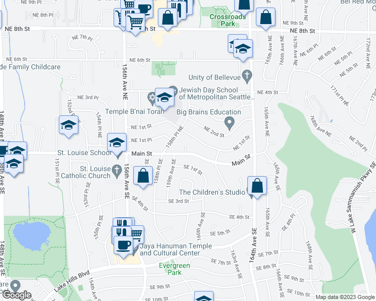map of restaurants, bars, coffee shops, grocery stores, and more near 15904 Main Street in Bellevue