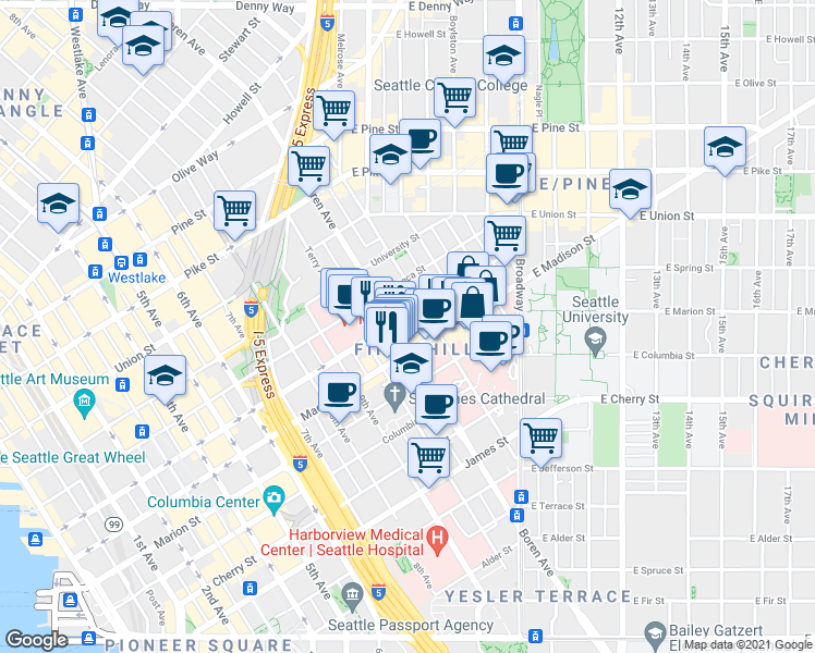 map of restaurants, bars, coffee shops, grocery stores, and more near 1105 Spring Street in Seattle