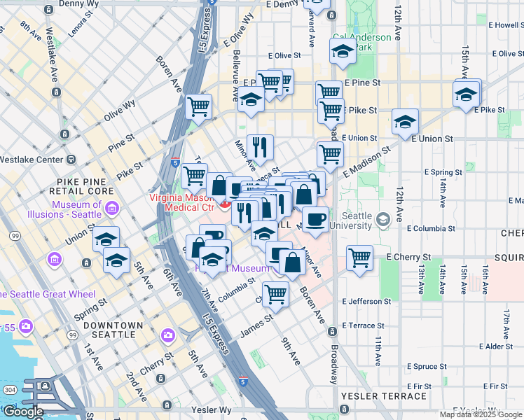 map of restaurants, bars, coffee shops, grocery stores, and more near 1105 Spring Street in Seattle
