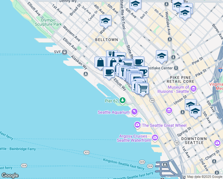 map of restaurants, bars, coffee shops, grocery stores, and more near Lenora Street Walk & Alaskan Way in Seattle