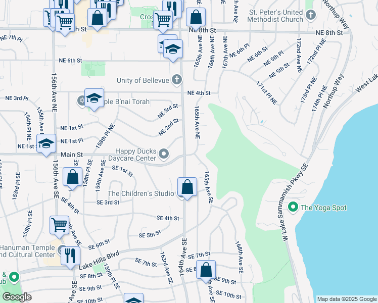 map of restaurants, bars, coffee shops, grocery stores, and more near 4 164th Avenue Northeast in Bellevue