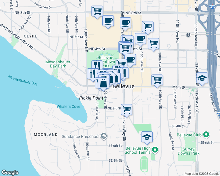 map of restaurants, bars, coffee shops, grocery stores, and more near 10237 Main Street in Bellevue