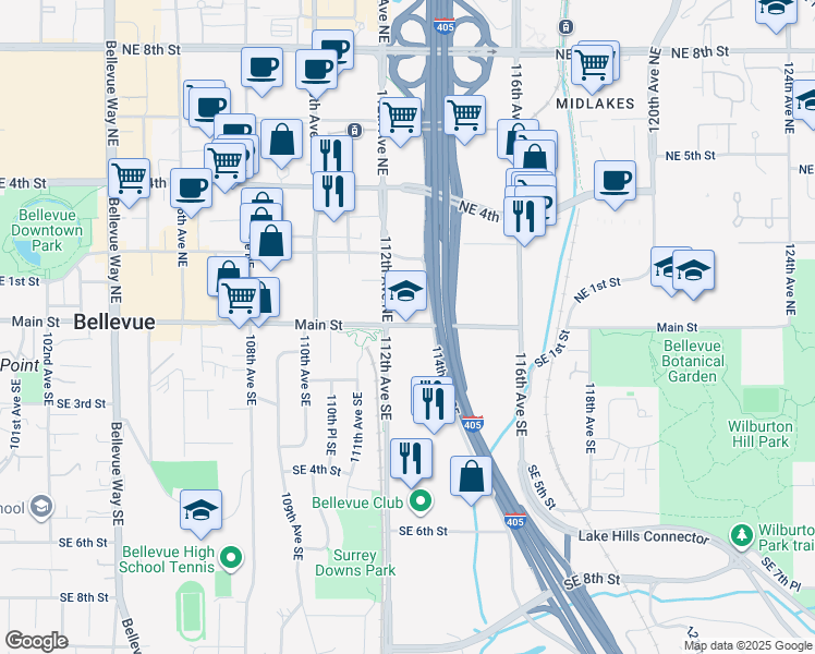 map of restaurants, bars, coffee shops, grocery stores, and more near in Bellevue