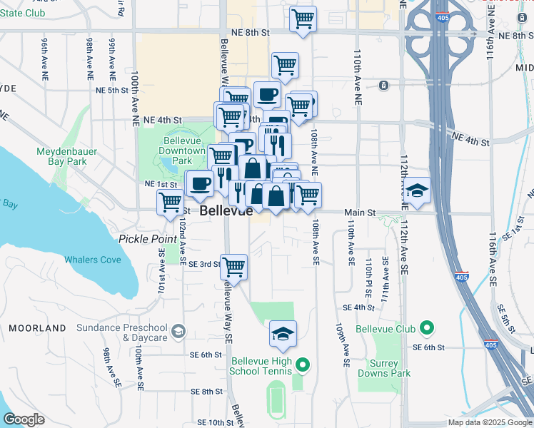 map of restaurants, bars, coffee shops, grocery stores, and more near 10575 Main Street in Bellevue