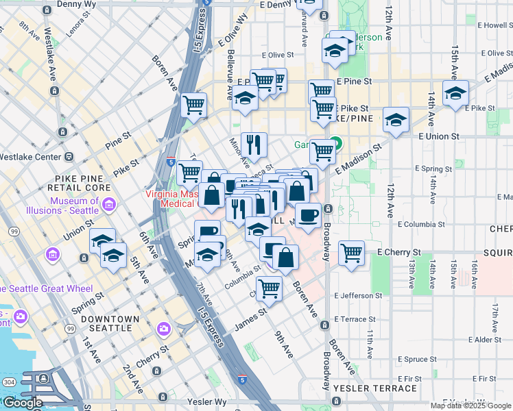 map of restaurants, bars, coffee shops, grocery stores, and more near in Seattle