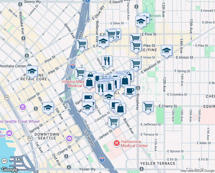 map of restaurants, bars, coffee shops, grocery stores, and more near in Seattle