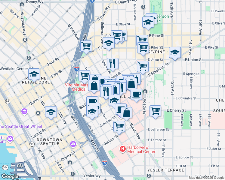 map of restaurants, bars, coffee shops, grocery stores, and more near in Seattle