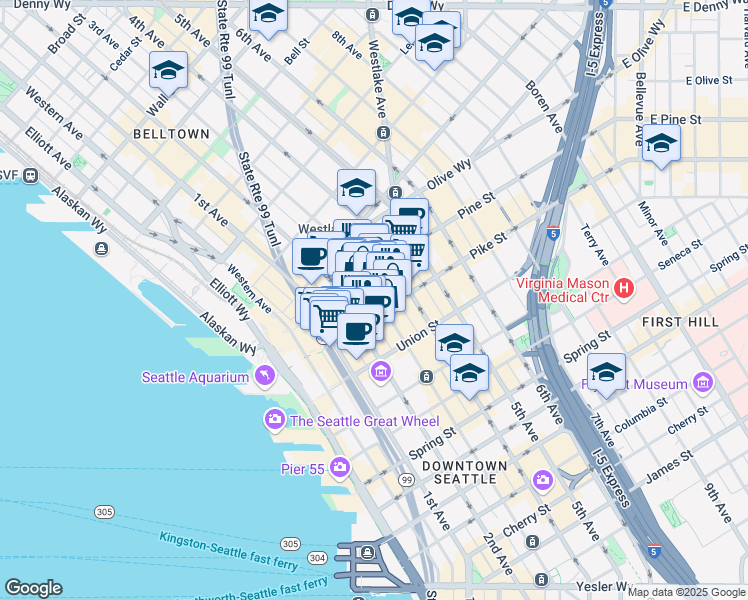 map of restaurants, bars, coffee shops, grocery stores, and more near 1513 3rd Avenue in Seattle