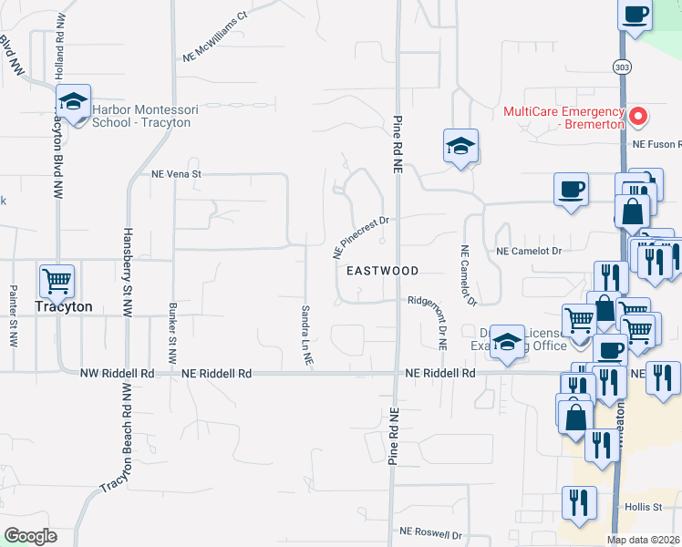map of restaurants, bars, coffee shops, grocery stores, and more near 763 Northeast Vena Court in Bremerton