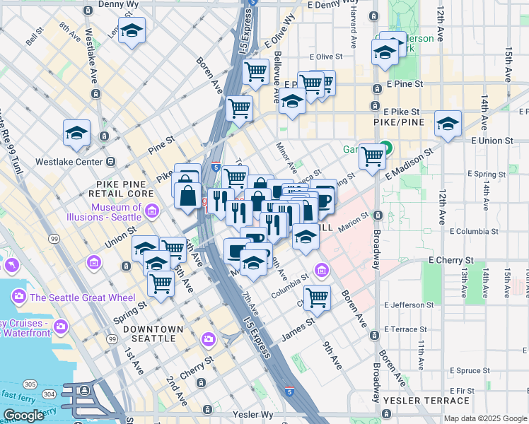 map of restaurants, bars, coffee shops, grocery stores, and more near 925 Seneca Street in Seattle