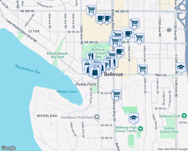 map of restaurants, bars, coffee shops, grocery stores, and more near 10129 Main Street in Bellevue