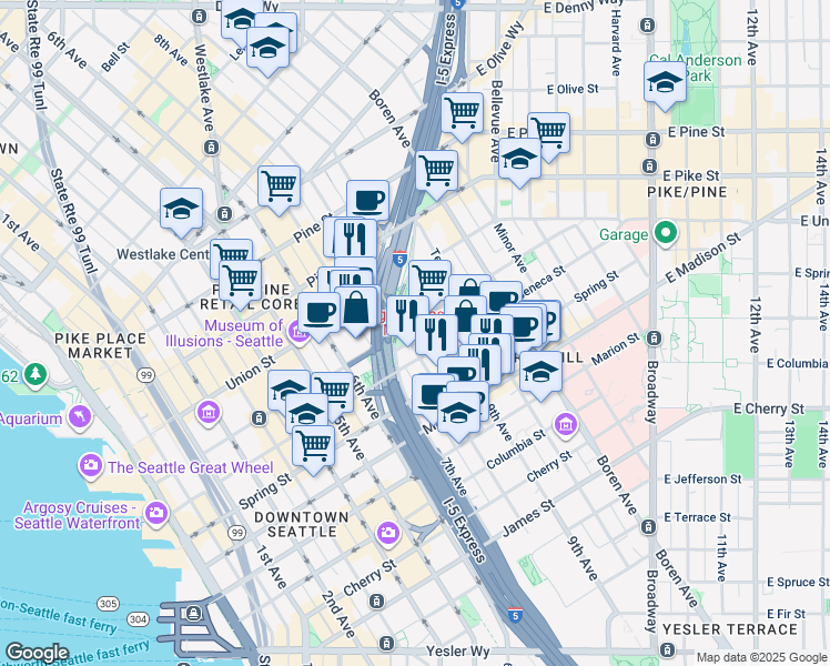 map of restaurants, bars, coffee shops, grocery stores, and more near in Seattle