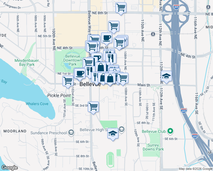 map of restaurants, bars, coffee shops, grocery stores, and more near 10575 Main Street in Bellevue