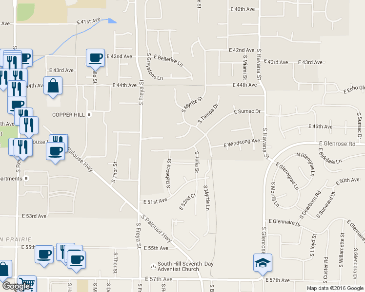 map of restaurants, bars, coffee shops, grocery stores, and more near 3819 E Sumac Dr in Spokane