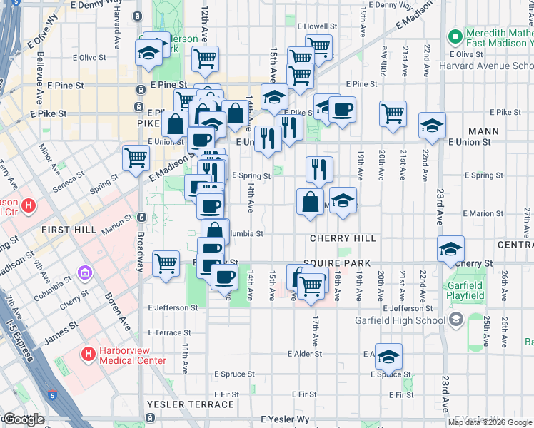map of restaurants, bars, coffee shops, grocery stores, and more near 825 15th Avenue in Seattle