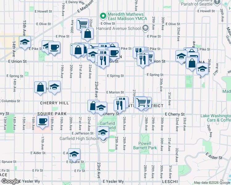 map of restaurants, bars, coffee shops, grocery stores, and more near E Marion St & 25th Ave in Seattle