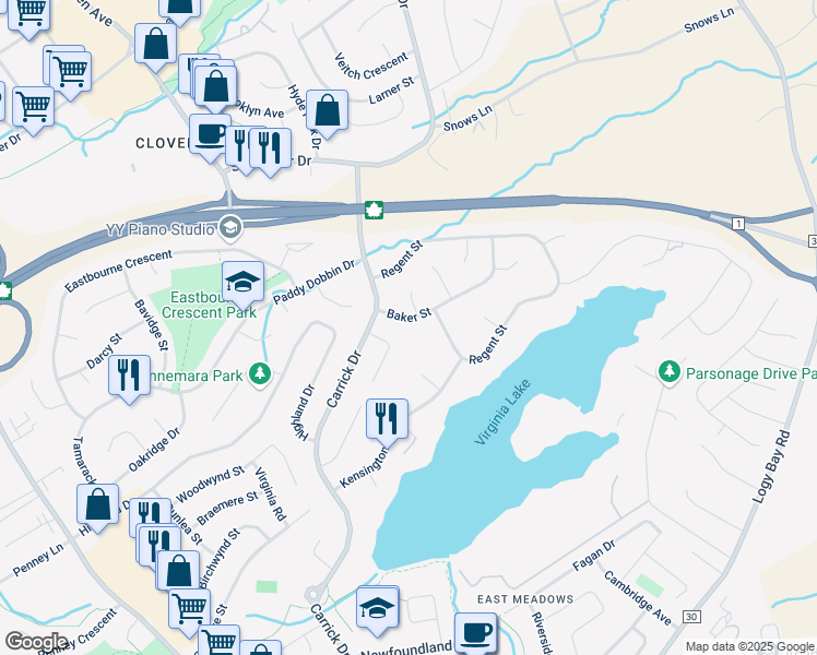 map of restaurants, bars, coffee shops, grocery stores, and more near 12 Baker Street in St. John's