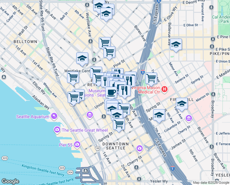 map of restaurants, bars, coffee shops, grocery stores, and more near 500 Union Street in Seattle