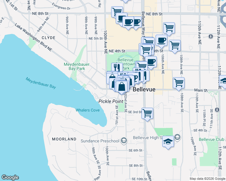 map of restaurants, bars, coffee shops, grocery stores, and more near 10047 Main Street in Bellevue