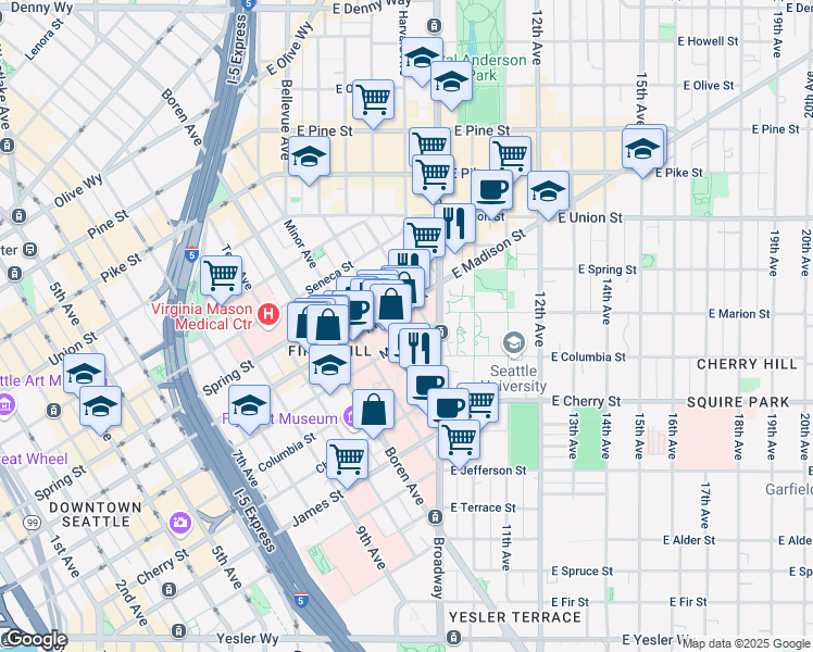 map of restaurants, bars, coffee shops, grocery stores, and more near 1229 Madison Street in Seattle